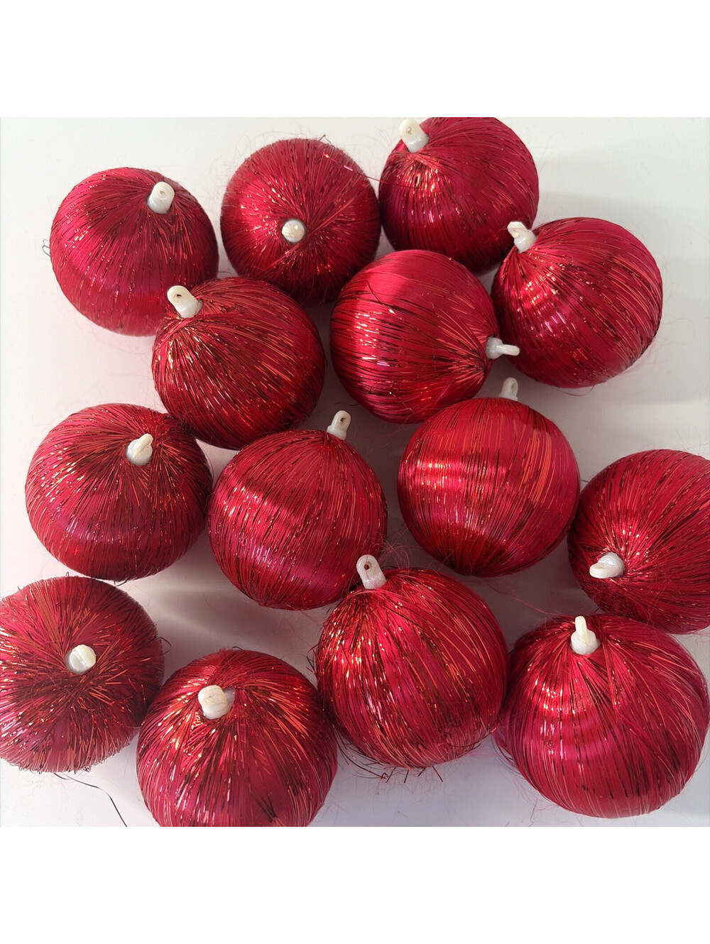 Vintage Red Shatterproof Metallic Tinsel Christmas Ball Ornaments Lot of 14